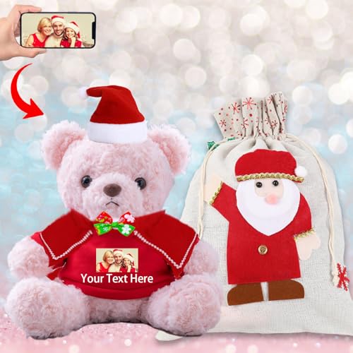 Personalisierter Teddybär mit Text+Foto, Weihnachten Teddybär mit Geschenktüten Weihnachten, Nikolausmütze und Weihnachtsschleifen als Personalisierte Geschenk für Beste Freundin Weihnachten (20-cm) von JABECODIFA