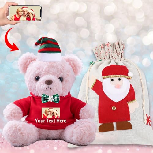 Personalisierter Teddybär mit Text+Foto, Weihnachten Teddybär mit Geschenktüten Weihnachten, Nikolausmütze und Weihnachtsschleifen als Personalisierte Geschenk für Beste Freundin Weihnachten (20-cm) von JABECODIFA