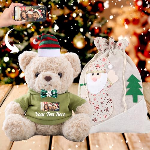 Personalisierter Teddybär mit Text+Foto, Weihnachten Teddybär mit Geschenktüten Weihnachten, Nikolausmütze und Weihnachtsschleifen als Personalisierte Geschenk für Beste Freundin Weihnachten (25 cm) von JABECODIFA