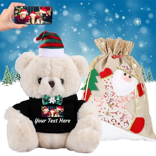 Personalisierter Teddybär mit Text+Foto, Weihnachten Teddybär mit Geschenktüten Weihnachten, Nikolausmütze und Weihnachtsschleifen als Personalisierte Geschenk für Beste Freundin Weihnachten (20cm) von JABECODIFA