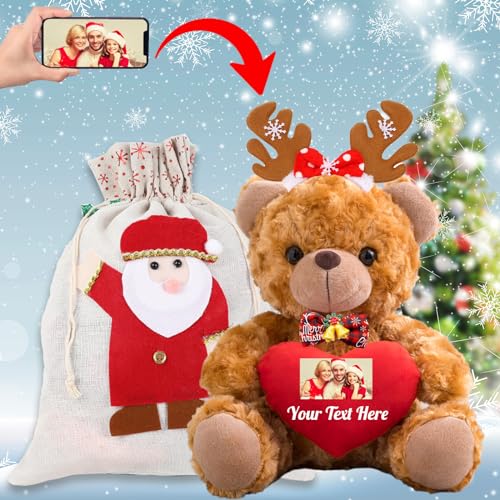 Personalisierter Teddybär mit Text+Foto, Weihnachten Teddybär mit Geschenktüten Weihnachten, Weihnachtsschmuck und Weihnachtsschleifen als Personalisierte Geschenke für Frauen Weihnachten (25 cm) von JABECODIFA