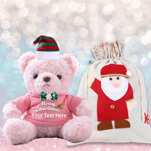 Personalisierter Teddybär mit Text, Weihnachten Teddybär mit Geschenktüten Weihnachten, Nikolausmütze und Weihnachtsschleifen als Personalisierte Geschenk für Beste Freundin Weihnachten (20-cm) von JABECODIFA