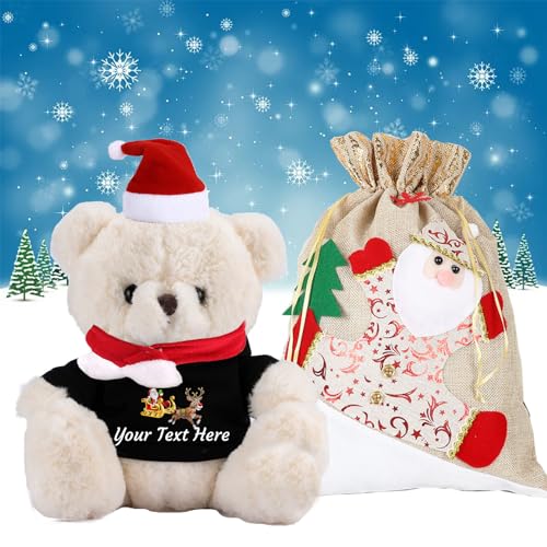 Personalisierter Teddybär mit Text, Weihnachten Teddybär mit Geschenktüten Weihnachten, Nikolausmütze und Weihnachtsschleifen als Personalisierte Geschenk für Beste Freundin Weihnachten (20cm) von JABECODIFA