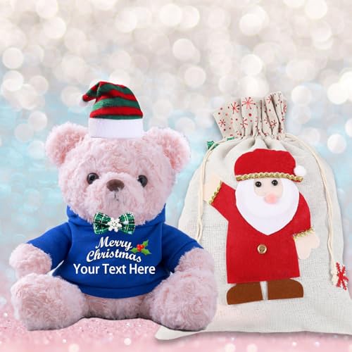 Personalisierter Teddybär mit Text, Weihnachten Teddybär mit Geschenktüten Weihnachten, Nikolausmütze und Weihnachtsschleifen als Personalisierte Geschenk für Beste Freundin Weihnachten (25-cm) von JABECODIFA