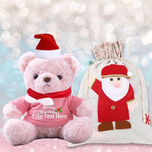 Personalisierter Teddybär mit Text, Weihnachten Teddybär mit Geschenktüten Weihnachten, Nikolausmütze und Weihnachtsschleifen als Personalisierte Geschenk für Beste Freundin Weihnachten (25-cm) von JABECODIFA