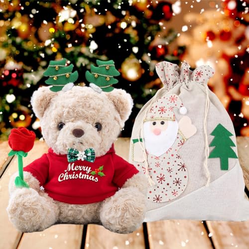 Weihnachten Teddybär mit Rose, Weihnachten Teddybär mit Geschenktüten Weihnachten mit Deko Weihnachtsbaum und Weihnachtsschleifen als Besondere Geschenke für Männer Frauen Weihnachten (20 cm) von JABECODIFA