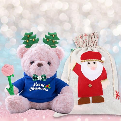 Weihnachten Teddybär mit Rose, Weihnachten Teddybär mit Geschenktüten Weihnachten mit Deko Weihnachtsbaum und Weihnachtsschleifen als Besondere Geschenke für Männer Frauen Weihnachten (20-cm) von JABECODIFA