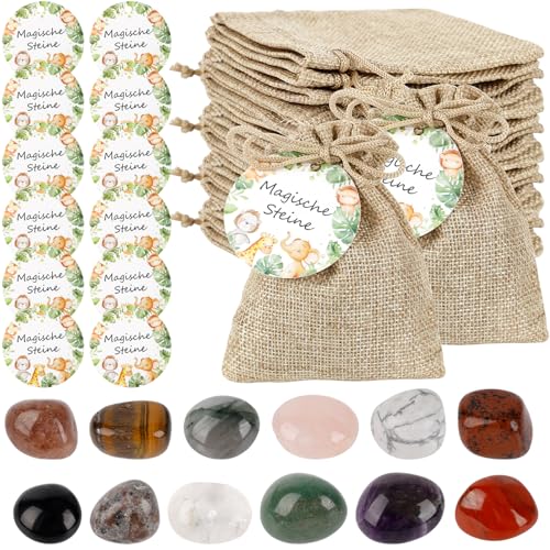 JABNOW 12 Stück Glückssteine für Kinder,Glücksbringer Steine mit Jutesäckchen und Waldtier Etikette,Magische Steine Kindergeburtstag Mitgebsel Edelsteine für Party,Weihnachtstag-36 Stück von JABNOW