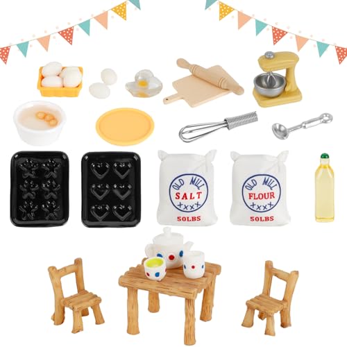 Miniatur Wichtel Zubehör,27 Stück Wichtel Zubehör Weihnachten,Miniatur Puppenhaus Zubehör 1/12 Mini Tisch Stühle Nudelholz Ölflasche Eier Backset,Miniatur Küche Möbel Backen Zubehör von JABNOW