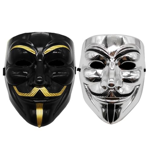 JACKANNA 2er-Set V wie Vendetta-Masken - Anonymous Unisex-Masken für Halloween/Cosplay/Karneval (Erwachsene & Kinder) (Schwarz + Silber) von JACKANNA