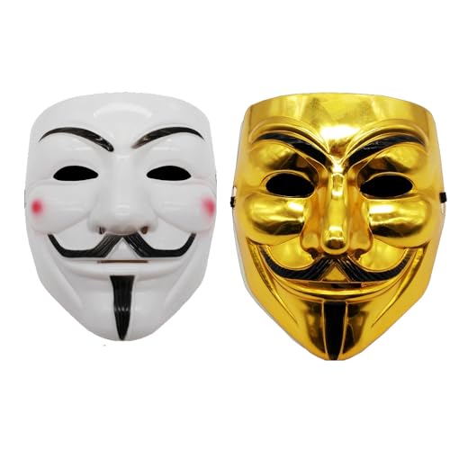 JACKANNA 2er-Set V wie Vendetta-Masken - Anonymous Unisex-Masken für Halloween/Cosplay/Karneval (Erwachsene & Kinder) (Weiß + Gold) von JACKANNA