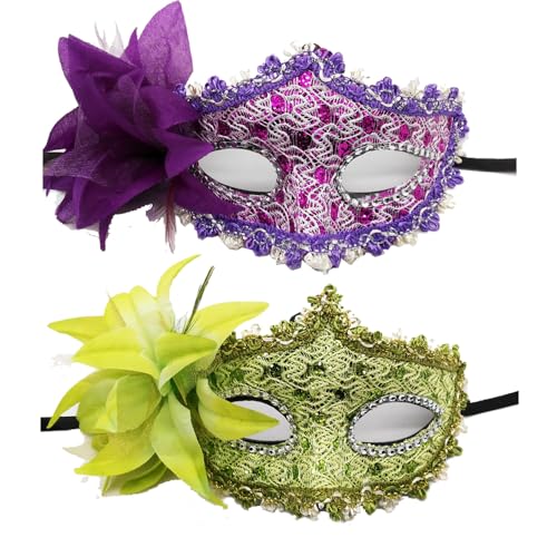 JACKANNA 2er-Set Venezianische Masken mit Strass - Elegante Kostümmasken für Damen & Herren bei Karneval, Halloween & Maskenbällen (Lila + Grün, 2 Stück) von JACKANNA