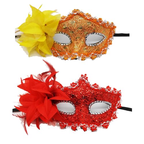 JACKANNA 2er-Set Venezianische Masken mit Strass - Elegante Kostümmasken für Damen & Herren bei Karneval, Halloween & Maskenbällen (Orange + Rot, 2 Stück) von JACKANNA