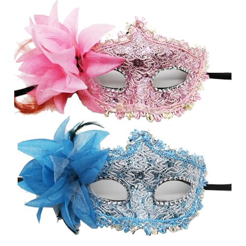 JACKANNA 2er-Set Venezianische Masken mit Strass - Elegante Kostümmasken für Damen & Herren bei Karneval, Halloween & Maskenbällen (Rosa + Blau, 2 Stück) von JACKANNA