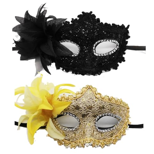 JACKANNA 2er-Set Venezianische Masken mit Strass - Elegante Kostümmasken für Damen & Herren bei Karneval, Halloween & Maskenbällen (Schwarz + Gelb, 2 Stück) von JACKANNA