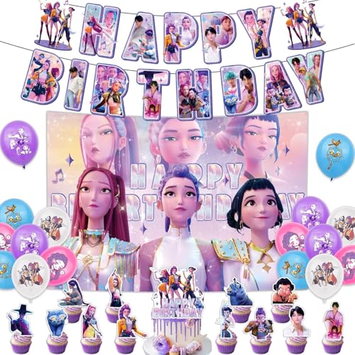 JACKANNA 𝙆𝙥𝙤𝙥 𝘿𝙚𝙢𝙤𝙣 𝙃𝙪𝙣𝙩𝙚𝙧𝙨 Geburtstagsdeko Anime Sticker Huntrix Kuchen Topper Cupcake Toppers Banner Party Dekorationen Festliche Atmosphäre Zubehör für Kinder Fan (A) von JACKANNA