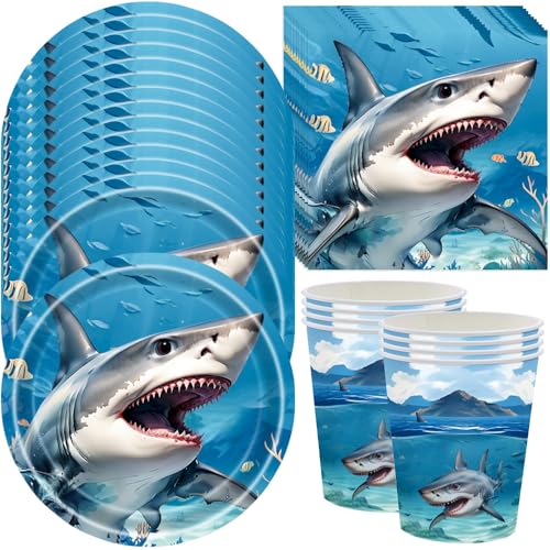 JAHEMU Hai Partygeschirr Meerestier Kindergeburtstag Deko Shark Party Geschirr Set Geburtstag Pappbecher Pappteller Servietten Haie Geschirr Geburtstagsdeko 24 Personen JAHEMU Hai Partygeschirr Meerestier Kindergeburtstag Deko Shark Party Geschirr Set Geburtstag Pappbecher Pappteller Servietten Haie Geschirr Geburtstagsdeko 24 Personen von JAHEMU