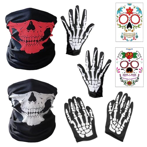 JAHEMU Halloween Totenkopf Maske Skelett Handschuhe Gesicht Tattoos Skull für Damen Herren Halloween Cosplay Party Kostüm,8 Stück von JAHEMU