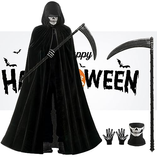 JAICOM Sensenmann Kostüm, Halloween Umhang Set mit Totenkopfmaske, Glühhandschuhen und Sense, Horror, Gruselig, Geeignet für Erwachsene, Halloween Party, Karneval, Cosplay JAICOM Sensenmann Kostüm, Halloween Umhang Set mit Totenkopfmaske, Glühhandschuhen und Sense, Horror, Gruselig, Geeignet für Erwachsene, Halloween Party, Karneval, Cosplay von JAICOM