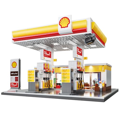 JAMARA 402857 CADA Shell Tankstelle mit Shop Bricks, für Kinder Technik Spielzeug ab 14 Jahre, Geschenkidee für Kids, Klemmbausteine Set, Fördert Feinmotorik, Türen manuell von JAMARA