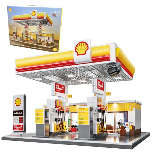 JAMARA 402857 CADA Shell Tankstelle mit Shop Bricks, für Kinder Technik Spielzeug ab 14 Jahre, Geschenkidee für Kids, Klemmbausteine Set, Fördert Feinmotorik, Türen manuell von JAMARA