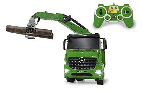 JAMARA 404935 - Holztransporter Mercedes-Benz Arocs 1:20 2,4GHz - 4WD, über Sender bedienbarer Kran und Greifer, realistische Sounds abschaltbar, Licht, Blinker, inkl. Holzstämme, grün von JAMARA