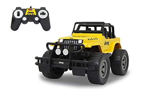 JAMARA 405053 - Jeep Wrangler 1:12 2,4GHz - Griffige profilierte Geländereifen, Frontrammer sorgt für einen bulligen Auftritt, Spur einstellbar, LED Licht vorne/hinten, Gelb von JAMARA