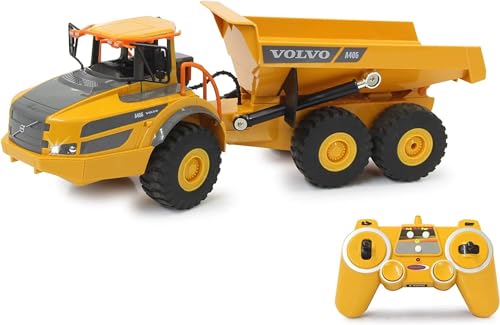 JAMARA 405056 - Muldenkipper Volvo A40G 1:20 2,4GHz- originalgetreue Knicklenkung, Kippmulde hoch / runter, realistischer Motorsound (abschaltbar), Demomodus, 2 Radantrieb, Auto-Standby-Modus, gelb von JAMARA