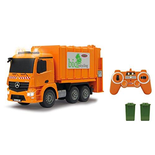 JAMARA 405079 - Müllwagen Mercedes Antos 1:20 2,4G - Hochfahren der Mülltonne, einziehen des Müllgutes, 2 Rundleuchten auf dem Dach, Blinker, Licht vorne und hinten, 4 Radantrieb, Gummireifen, Orange von JAMARA