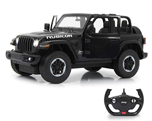 JAMARA 405180 - Jeep Wrangler JL 1:14 2,4GHz Tür manuell - offiziell lizenziert, bis 1 Std Fahrzeit, ca. 11 Km/h, perfekt nachgebildete Details, detaillierter Innenraum, LED Licht, Schwarz von JAMARA