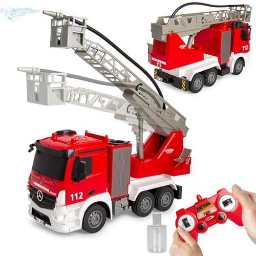 JAMARA 407300 Feuerwehr Drehleiter Mercedes-Benz Antos 1:26 2,4GHz - mit Spritzfunktion, Feuerwehrspielzeug ab 6 Jahre für Kinder, Ferngesteuert, RC Toys, Geschenk, Turmdrehung von JAMARA