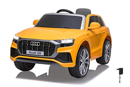 JAMARA 460202 - Ride On Car Audi Q8 12V - 1,5 Std. Fahrzeit, 2 Starke Motoren, 2-Gang, SD, AUX, USB-Anschluss, Hupe, Motorsound, LED-Scheinwerfer, Batteriespannungsanzeige, gelb von JAMARA