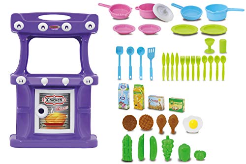 JAMARA 460427 - Küche Little Cook - kompakte Spielküche mit viel nützlichem Zubehör, Ablageflächen für Kochutensilien und Zutaten, Ofentür lässt Sich öffnen, 2 Kochfelder, 8 Halterungen, lila von JAMARA