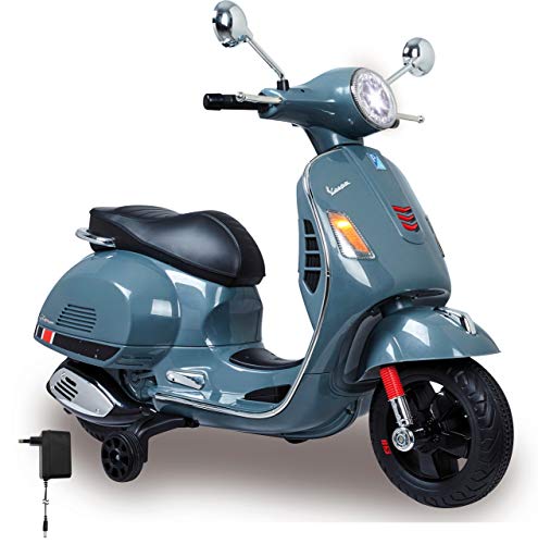 JAMARA 460441 - Ride-on Vespa 12V - leistungsstarker Antriebsmotor und Akku für lange Fahrzeit, SD-Karten Slot, AUX-/USB-Anschluss, Ultra-Grip Gummiring am Rad, Stützräder, LED-Scheinwerfer, grau von JAMARA