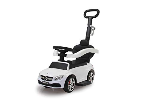 JAMARA 460448 Rutscher Mercedes-AMG C 63 3in1-Kippschutz, Kofferraum, Schub-und Haltestange mit Lenkfunktion, Rückenlehne, Schutzbügel, ausziehbare Fußauflage, Sound/Hupe am Lenkrad, weiß von JAMARA