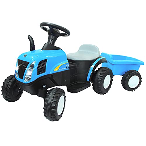 JAMARA 460482 Ride-on Traktor New Holland mit Anhänger 6V-leistungsstarker Antriebsmotor und Akku für Lange Fahrzeit, kräftigen Vortrieb, hohe Bodenfreiheit Motorsound, Licht vorne, Gaspedal, blau von JAMARA