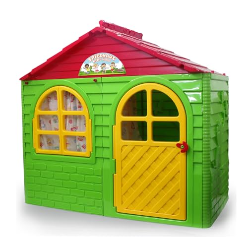 JAMARA 460500 - Spielhaus Little Home - aus robustem Kunststoff, Montage, stabiles Stecksystem, leicht zu reinigen, Indoor-Outdoor geeignet, Türe/Fenster Lassen Sich öffnen, Vorhänge, grün von JAMARA