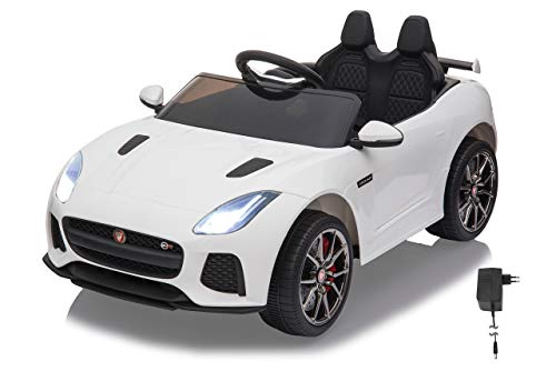 JAMARA 460516 - Ride-on Jaguar F-Type SVR 12V 2-Gang, leistungsstarker Motor und Akku für Lange Fahrzeit, Micro-SD, USB-und AUX-Anschluss, LED-Scheinwerfer, beleuchtetes Armaturenbrett, weiß von JAMARA