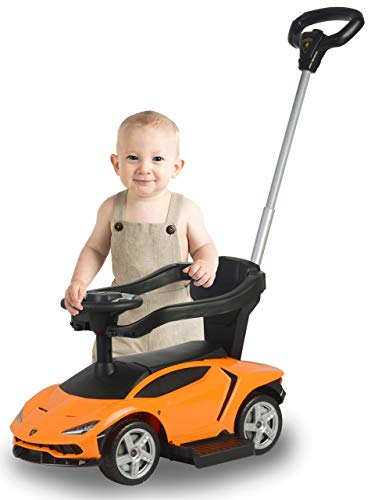 JAMARA 460567 - Rutscher Lamborghini Centenario 3in1 - Kippschutz, Rückenlehne mit seitlichen Schutzbügel, Fußauflage abnehmbar, Kofferraum, Schubstange Lenkfunktion / höhenverstellbar, Sound, Orange von JAMARA