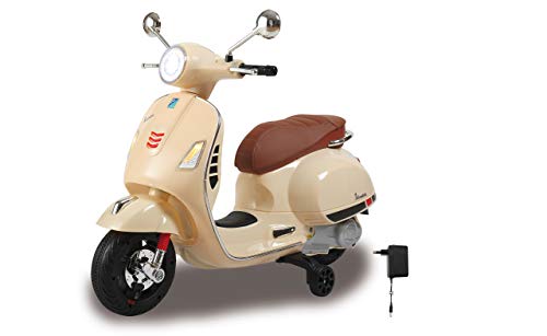 JAMARA 460599 - Ride-on Vespa GTS 125 - Leistungsstarker Antriebsmotor und Akku, SD-Karten Slot, AUX-/ USB-Anschluss, Ultra-Grip Gummiring am Rad, Stützräder, LED-Scheinwerfer, beige von JAMARA