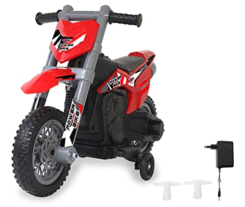 JAMARA 460677 Ride-on Motorrad Power Bike 6V-ab 24 Monate, Sitzhöhe 370 mm, Motorsound, leistungsstarker Motor/Akku 4,5Ah, Stützräder abnehmbar, Gaspedal, Ladebuchse, rot von JAMARA