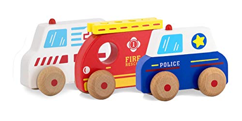 JAMARA 460878 - Holzspielzeug - Kidiwood Einsatzfahrzeuge, 4-teilig - Fördert die motorischen Fähigkeiten, ab 12 Monate, 3 Fahrzeuge; Polizei, Feuerwehr inkl. Leiter und Krankenwagen von JAMARA