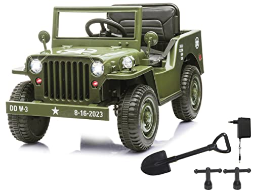JAMARA 461815 Ride-on Jeep Willys MB Army 12V-Softanlauf, Kofferraum, Schaufel abnehmbar, USB-Anschluss, Bluetooth, Elektroauto, grün, Groß von JAMARA
