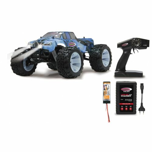 Jamara 053361 - Tiger Ice Monstertruck 1:10 4WD LiPo 2,4G LED - Allrad, Elektroantrieb, Akku, 40Kmh, Aluchassis, spritzwasserfest, Öldruckstoßdämpfer, Kugellager, Fahrwerk einstellbar, fahrfertig, Blau von JAMARA