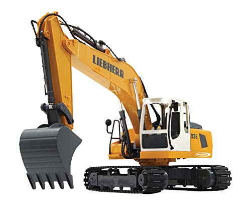 Jamara 405060 - Bagger Liebherr R936 1:20 2,4G - realistische Funktionen (entladen/ aufladen), jedes Gelenk einzeln steuerbar, 660 ° Turmdrehung, Metallschaufel, Motorsound, Hupe, Rückfahrwarnsound von JAMARA