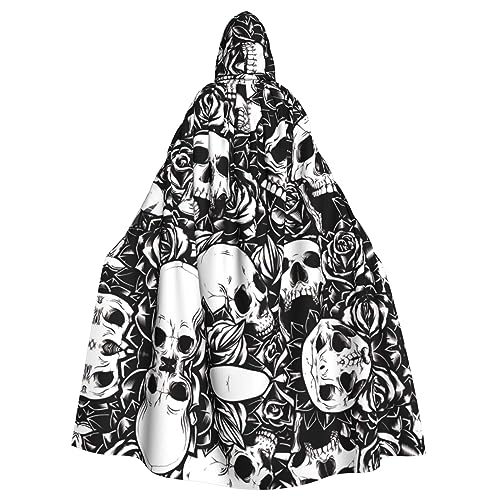 JAMCHE Schwarzer Umhang mit Blumenschädel-Print für Weihnachten, Halloween, Cosplay-Kostüme von JAMCHE