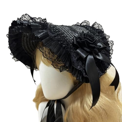 JAMNGHB Dark Series Punk Strohhut für Rollenspiele Event Bowknot Blumenhut mit verstellbarer Krawatte Halloween Event Kopfbedeckung Rollenspiel Kopfbedeckung für besondere Anlässe von JAMNGHB