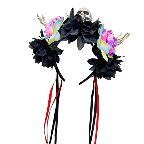JAMNGHB Haarreif mit floralem Totenkopf, elastisch, bequem, Halloween-Party, Haarschmuck für Erwachsene, Teenager, Unisex-Kostüm-Dekorationen von JAMNGHB