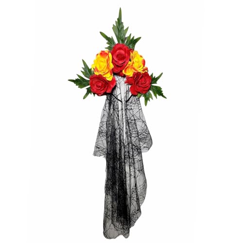 JAMNGHB Halloween-Haarband, Punk, Spitze, Schleier, Stirnbänder mit roten Rosen, Cosplays, Haarband für Damen, Kinder, Kostüm, Partys, Zubehör, Rosen-Kopfschmuck von JAMNGHB