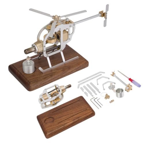 JANTY Stirlingmotor Bausatz mit Holzsockel, DIY Funktionsfähiger Mechanischer Hubschraubermotor, Mini Motormodell, Schreibtischspielzeug pädagogischer Metallmotor Bausatz (KIT-Version) von JANTY